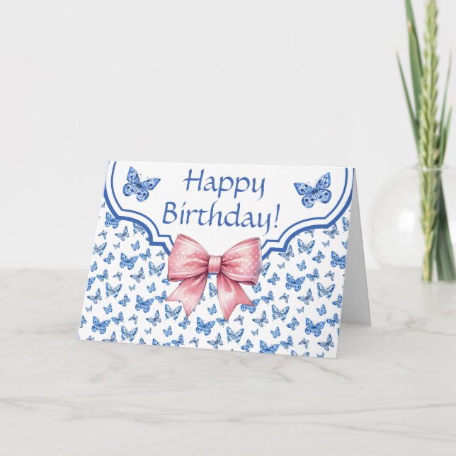 Cartão Chinoiserie Blue Butterfly Personalizada Aniversár (Frente)