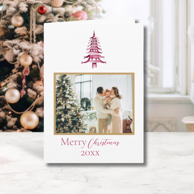 Cartão Chinoiserie Christmas Red Pagoda 1-Foto (Chinoiserie Christmas Red Pagoda 1-Photo Card)