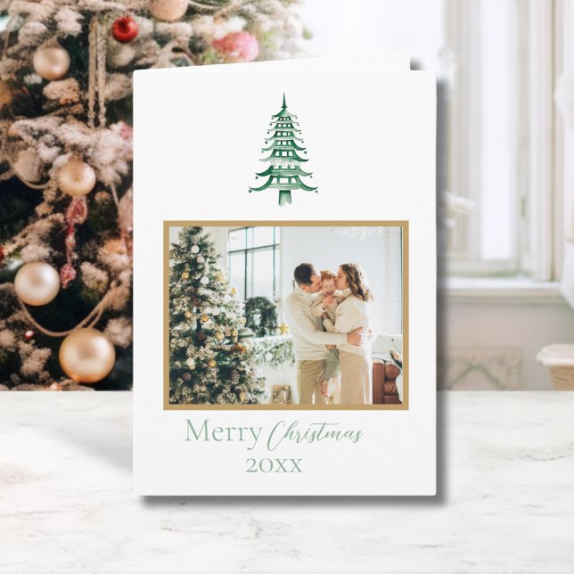 Cartão Chinoiserie Pagoda Verde de Natal 1-Foto (Chinoiserie Christmas Green Pagoda 1-Photo Card)