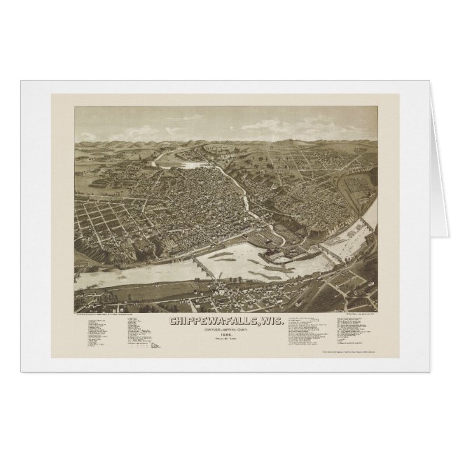 Cartão Chippewa Falls, mapa panorâmico dos WI - 1886 (Frente Horizontal)