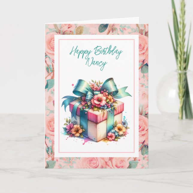 Cartão Chique Personalizado Birthday Gift Watercolor (Frente)