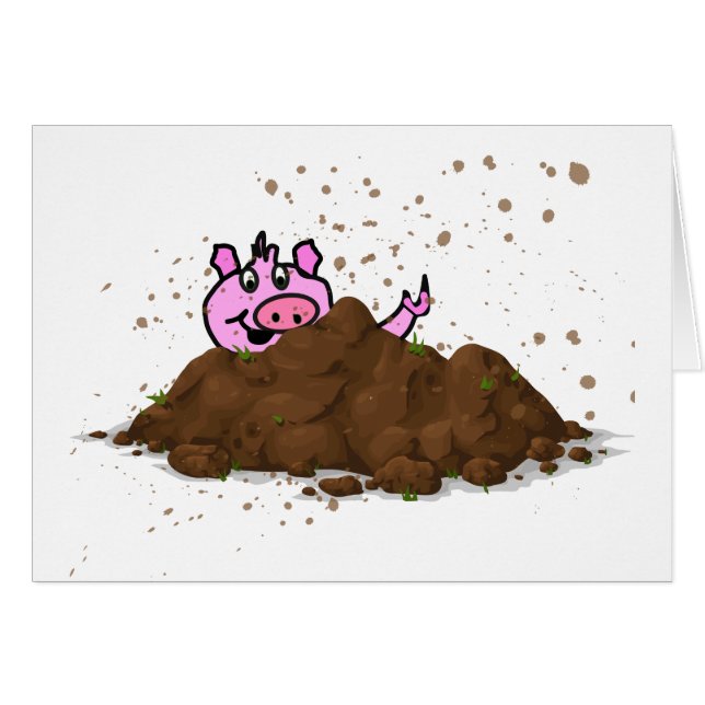 Cartão Chiqueiro de porco, porco feliz na lama (Frente Horizontal)