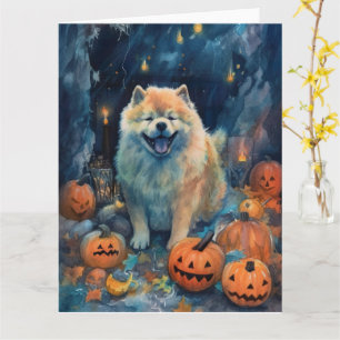 Cartão Chow Chow de Halloween com Abóboras Assustadoras 