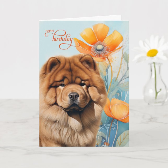 Cartão Chow Chow Dog in an Orange Poppy Garden Birthday (Planta pequena)