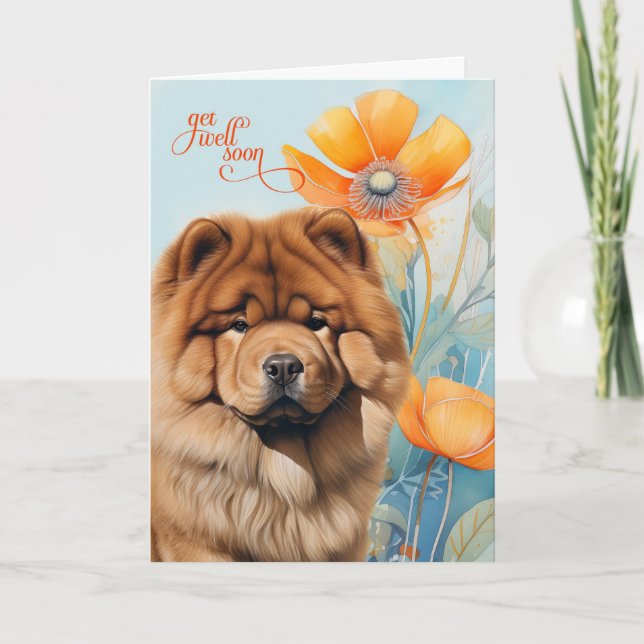 Cartão Chow Chow Dog Orange Poppy Blooms Get Well (Frente)