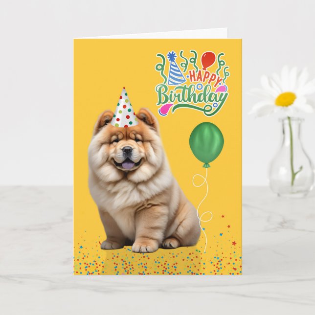 Cartão Chow Chow Dog Party Hat Yellow Birthday (Planta pequena)