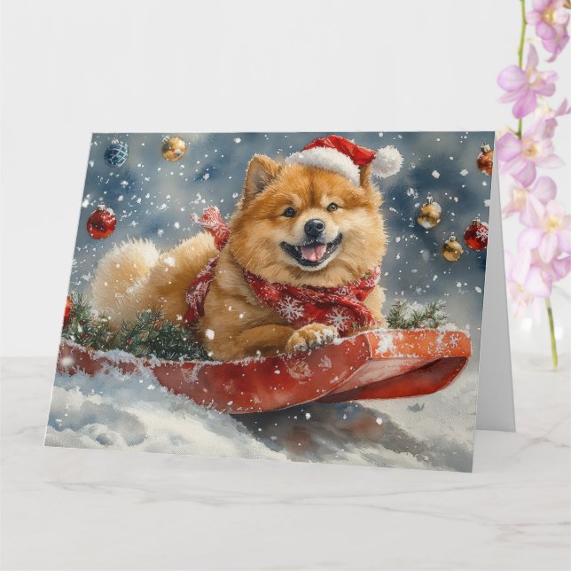 Cartão Chow Chow Dog Sledge Deixe-o nevar no Natal (Orquídea)