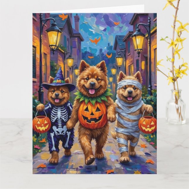 Cartão Chow Chow Dogs Trick-or-Tratating Halloween (Flor Amarela)