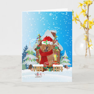 Cartão Chow Chow na neve com presentes de Natal