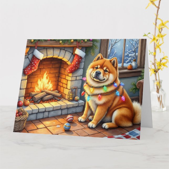 Cartão Chow Chow Sitting Fireplace with Christmas Lights (Flor Amarela)