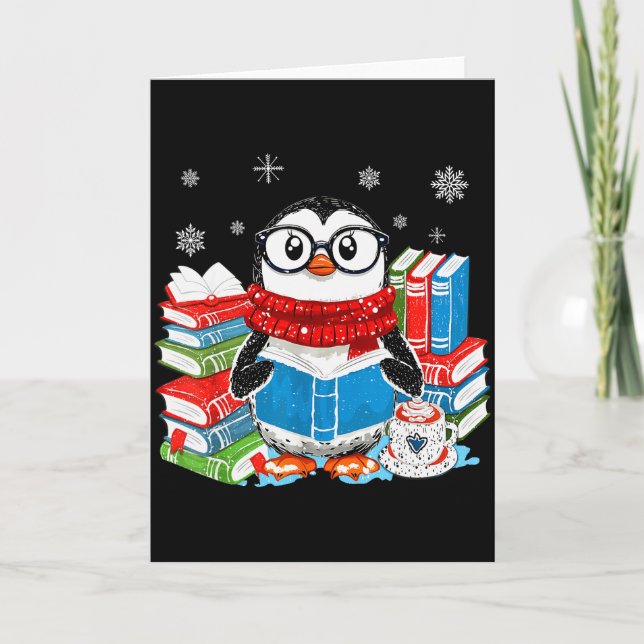 Cartão Christmas A Penguin Reading Book Snowflake Cocoa H (Frente)