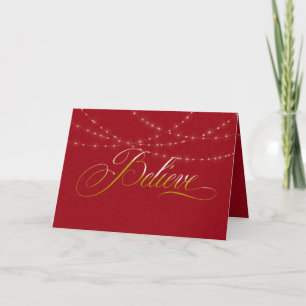 Cartão Christmas believe on red with gold light string