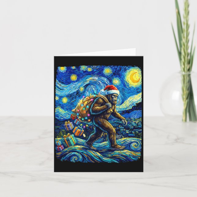 Cartão Christmas Bigfoot Santa Hat Van Gogh Starry Night  (Frente)