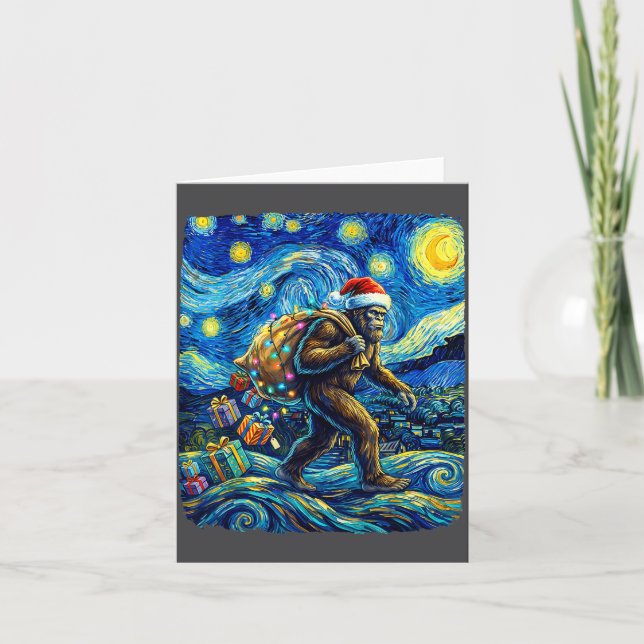 Cartão Christmas Bigfoot Santa Hat Van Gogh Starry Night  (Frente)