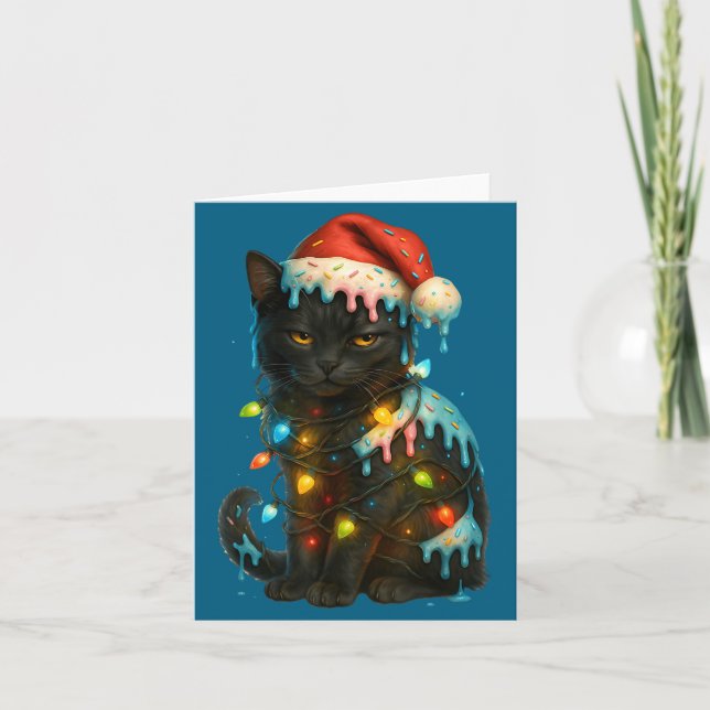 Cartão Christmas Black Cat Ice Cream Drip Santa Hat Cute  (Frente)