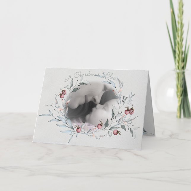 Cartão Christmas Blessing Watercolor Berries Photo Wreath (Frente)