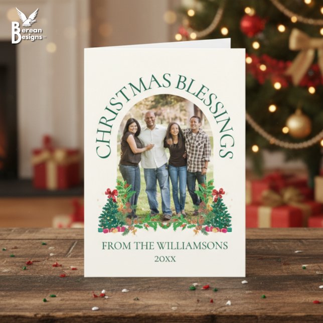 Cartão CHRISTMAS BLESSINGS Family Photo (Festive Family photo Christmas card with customizable photo and text. Ideal card for Christians)