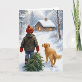Cartão Christmas Boy With Pine Tree and Dog