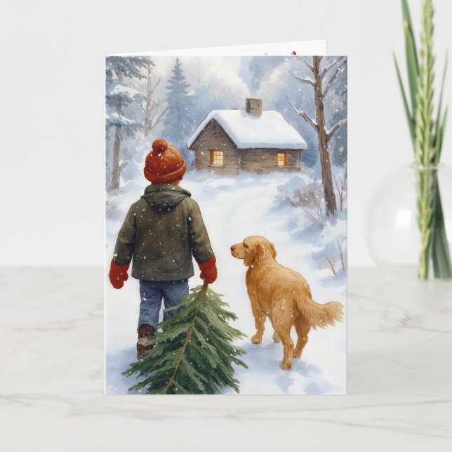 Cartão Christmas Boy With Pine Tree and Dog (Frente)