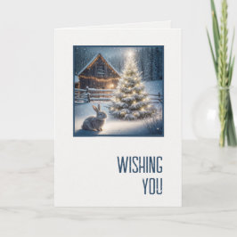 Cartão Christmas Bunny With Glowing Tree and Barn