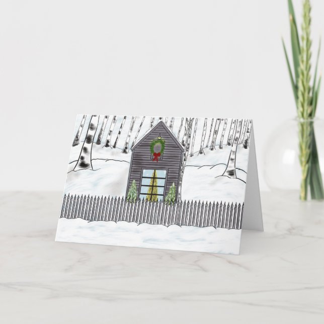 Cartão Christmas Cabin In The Snowy Woods Holiday Card (Frente)