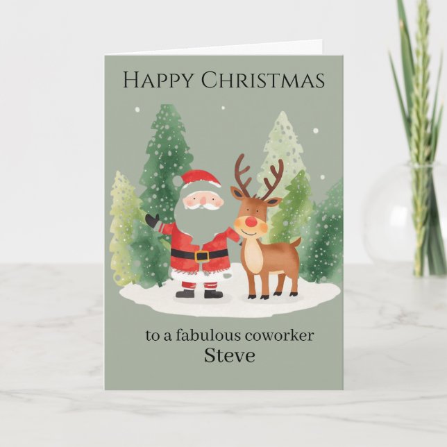 Cartão Christmas Card for a Coworker – Santa and Reindeer (Frente)