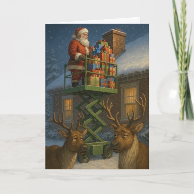 Cartão Christmas card funny Santa on scissor lift  (Frente)