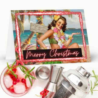 Cartão Christmas Card - Retro - Tropical - "Let It Snow"