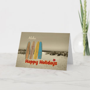 Cartão Christmas Card with Vintage Surfboards on Beach