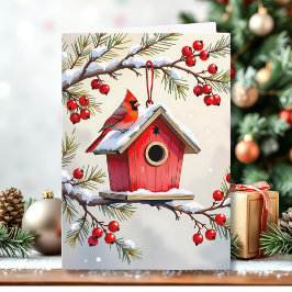 Cartão Christmas Cardinal Birdhouse snowy pine branch