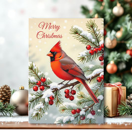 Cartão Christmas Cardinal on a Snowy Branch