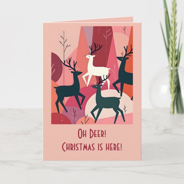 Cartão Christmas Caribou Pink KItsch MId-Century Retro (Frente)