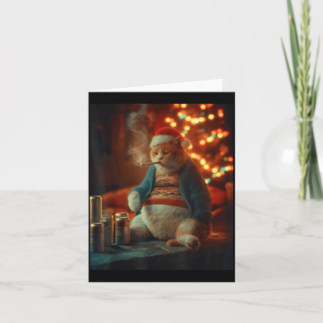 Cartão Christmas Cat Smoking Cigarette Meme Gen Z  (Frente)