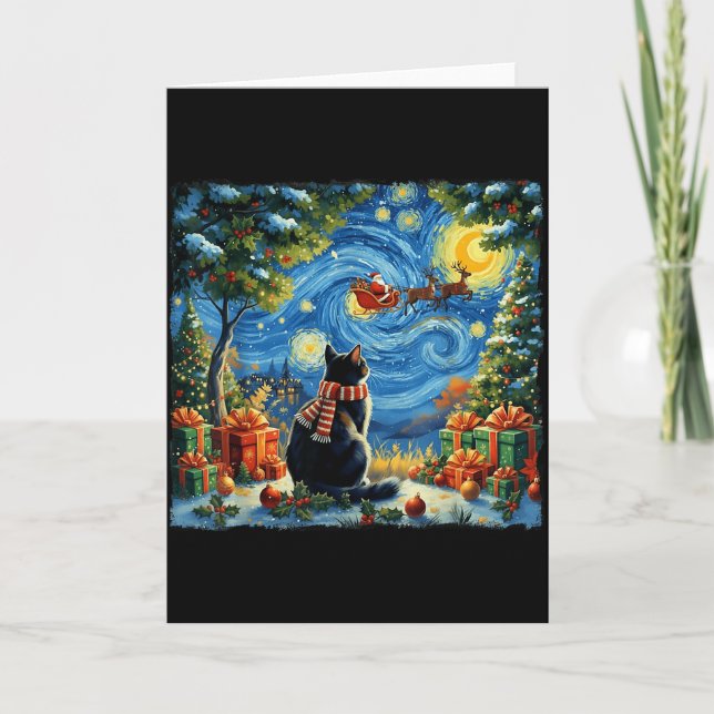 Cartão Christmas Cat Starry Night Holiday Van Gogh Xmas S (Frente)
