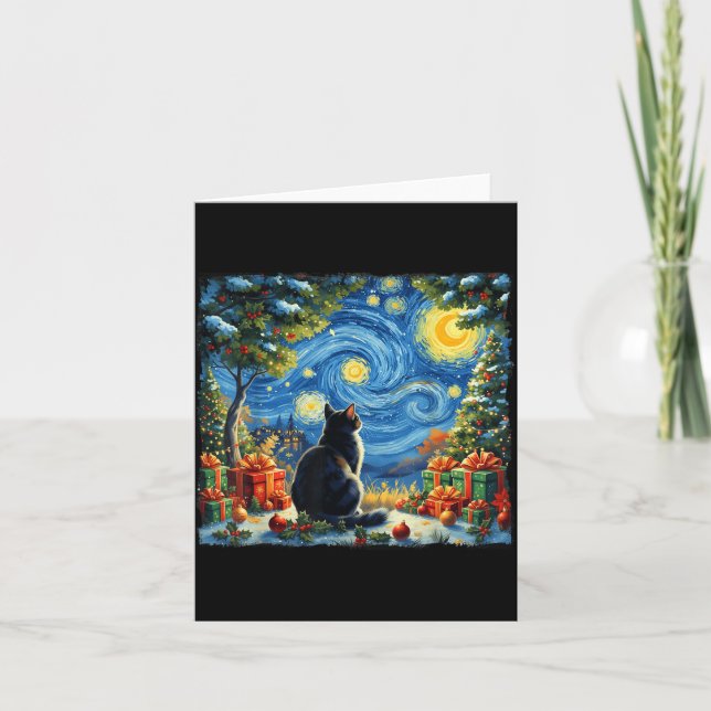 Cartão Christmas Cat Starry Night Van Gogh Santa Winter G (Frente)