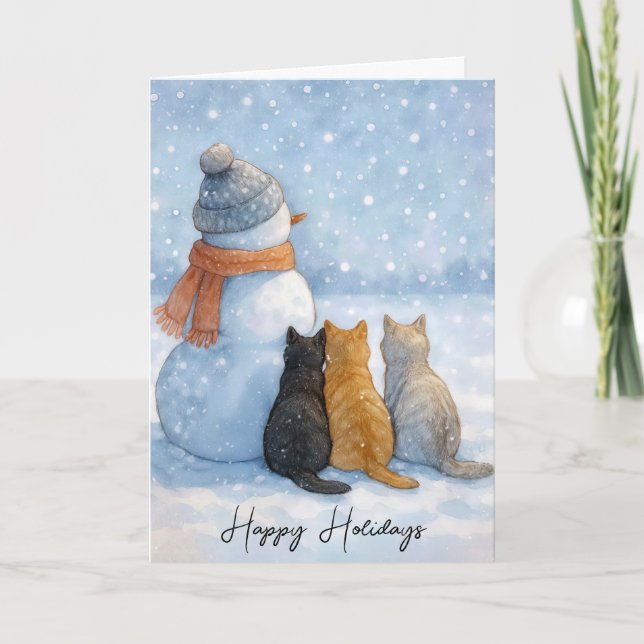 Cartão Christmas Cats Sitting With a Snowman In a Field (Frente)