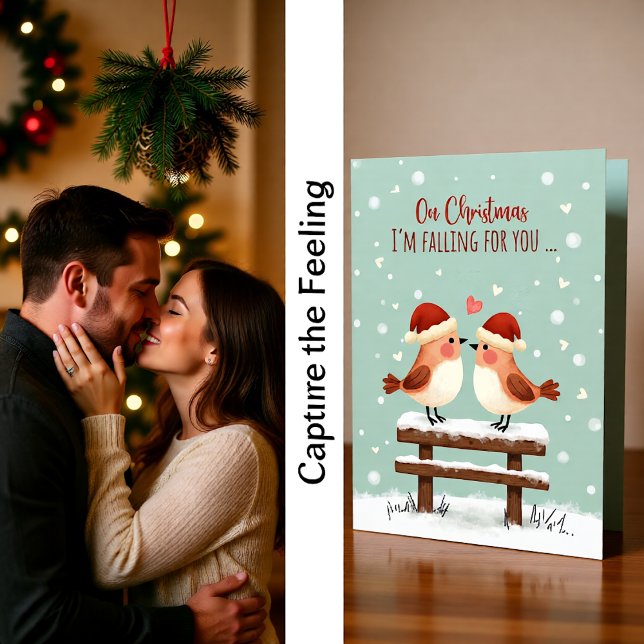 Cartão Christmas Cute Romantic Love Birds in Falling Snow (Criador carregado)