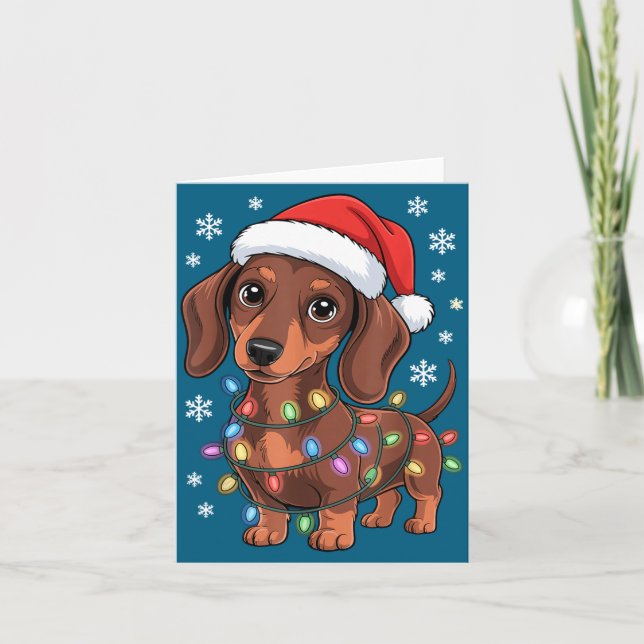 Cartão Christmas Dachshund Lights Santa Hat Holiday Dog L (Frente)