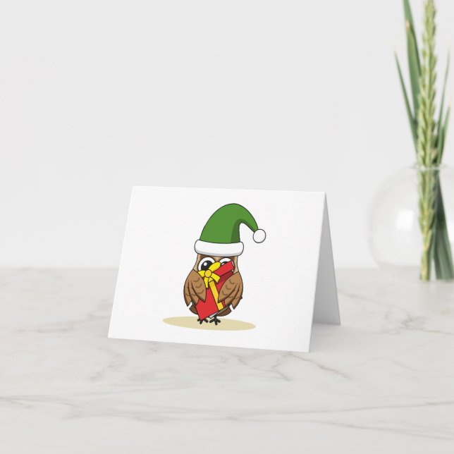 Cartão Christmas Elf Owl with Present (Frente)