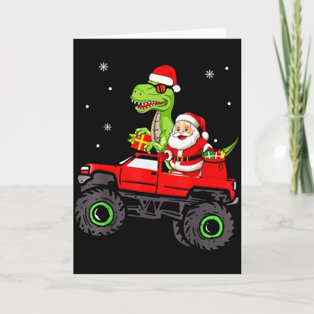 Cartão Christmas Family Matching Santa Truck Dinosaur Boy (Frente)