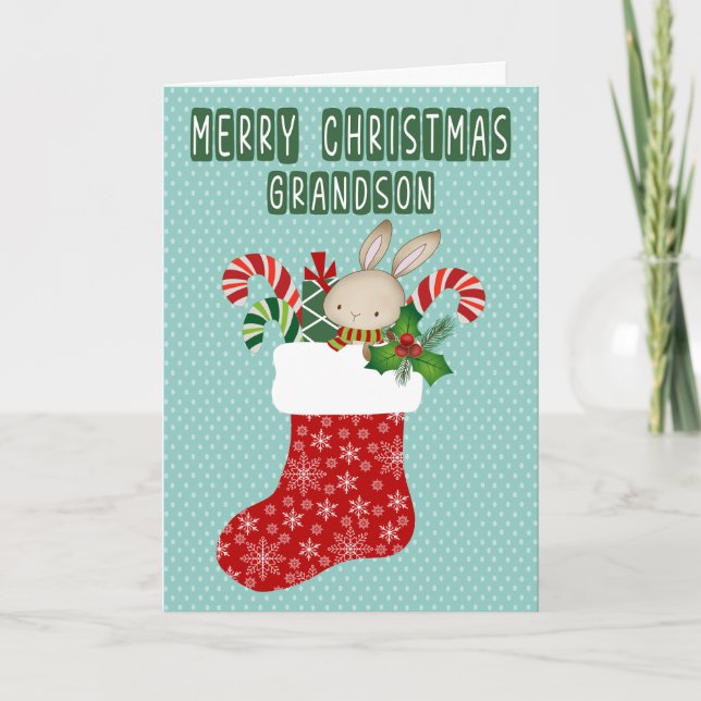 Cartão Christmas for Grandson Stocking with Bunny (Frente)