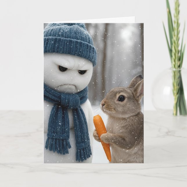 Cartão Christmas Grumpy Snowman With a Bunny (Frente)