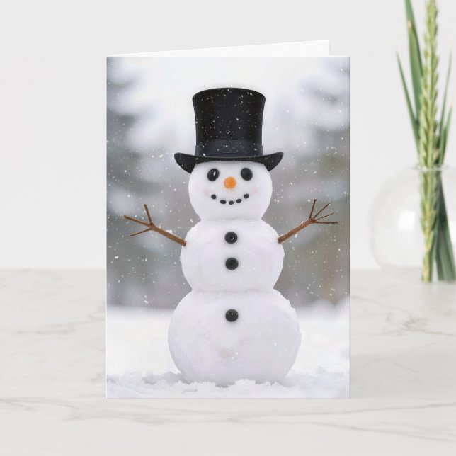 Cartão Christmas Happy Snowman Wearing a Top Hat (Frente)