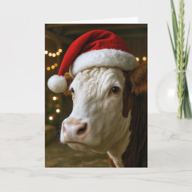 Cartão Christmas Hereford Cow Wearing a Santa Hat (Frente)