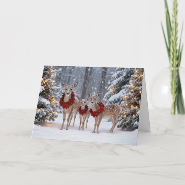 Cartão Christmas Holiday Cute Deer Family with Wreaths  (Frente)