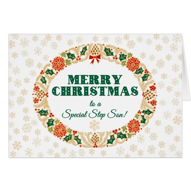 Cartão Christmas Holly Wreath, para Step Son, Flocos de n (Frente Horizontal)