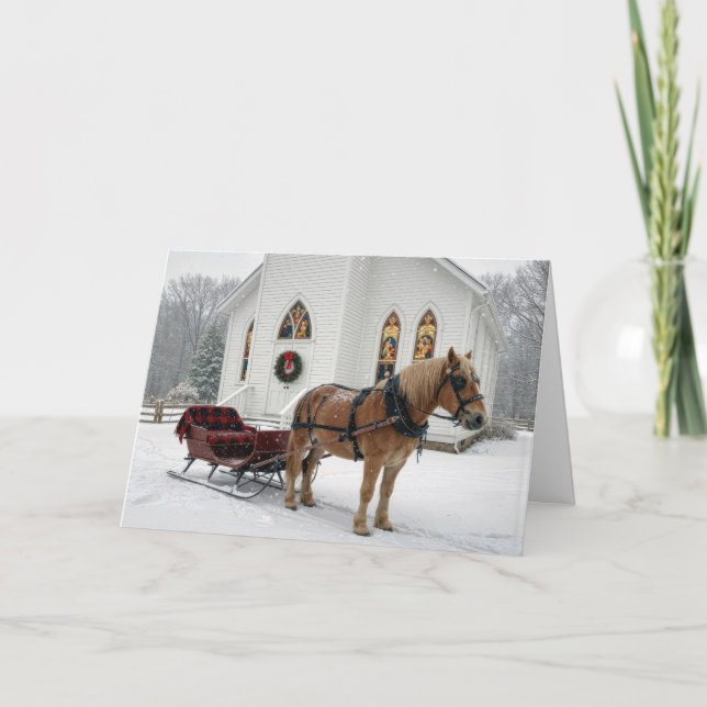Cartão Christmas Horse-Drawn Sleigh Waiting By a Chapel (Frente)