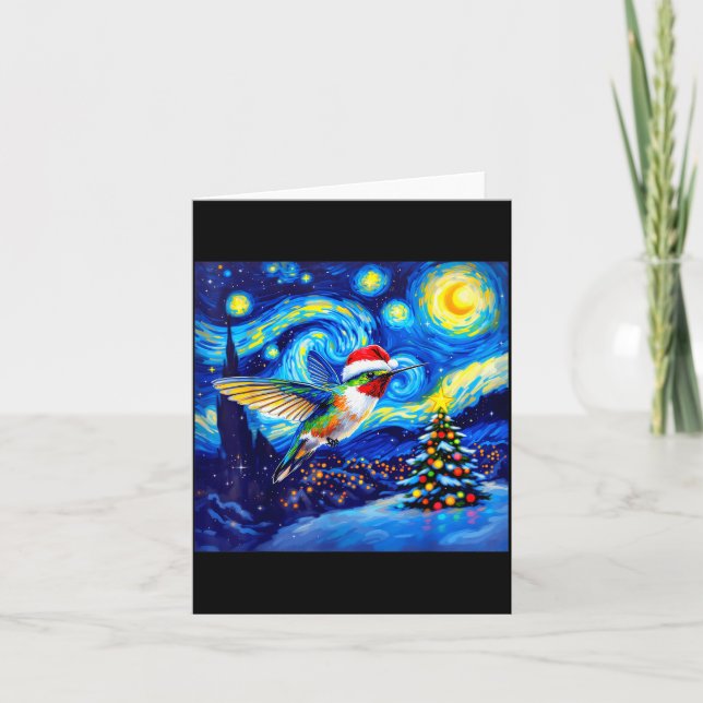 Cartão Christmas Hummingbird Santa Hat Van Gogh Starry Ni (Frente)