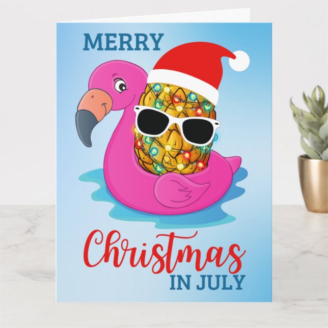 Cartão Christmas in July Pineapple Santas Hat Flamingo Ho (Planta pequena)