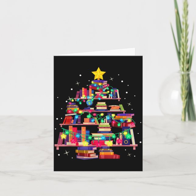 Cartão Christmas Library Tree Love Reading Books Nerd Tea (Frente)